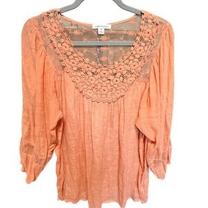 John Paul Richard Blouse Crochet Lace Boho M Orange Excellent 3/4 Sleeve Gauze